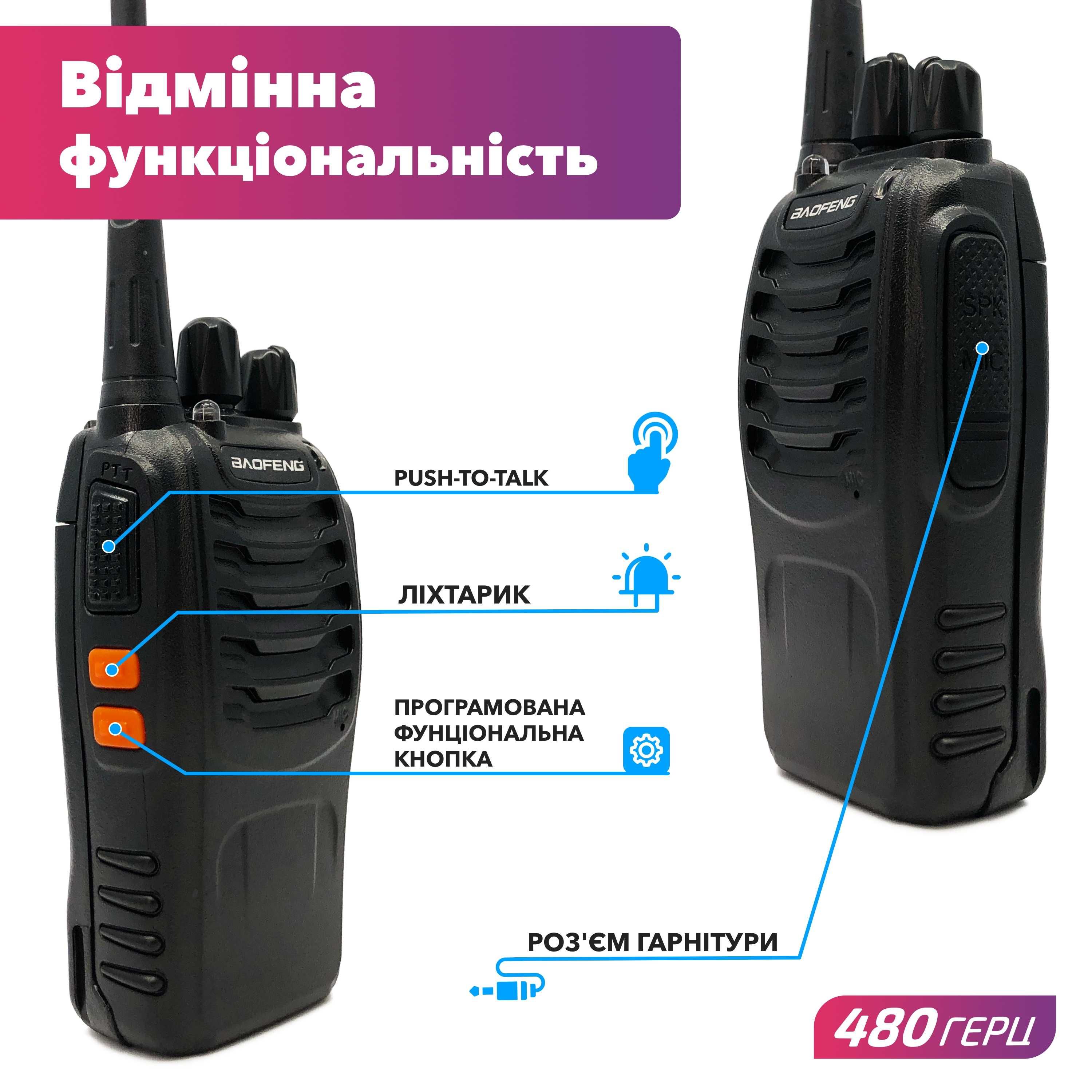 Портативна Рація Baofeng BF-888S комплект 2 шт., UHF, 5 Вт, 1500 мАч