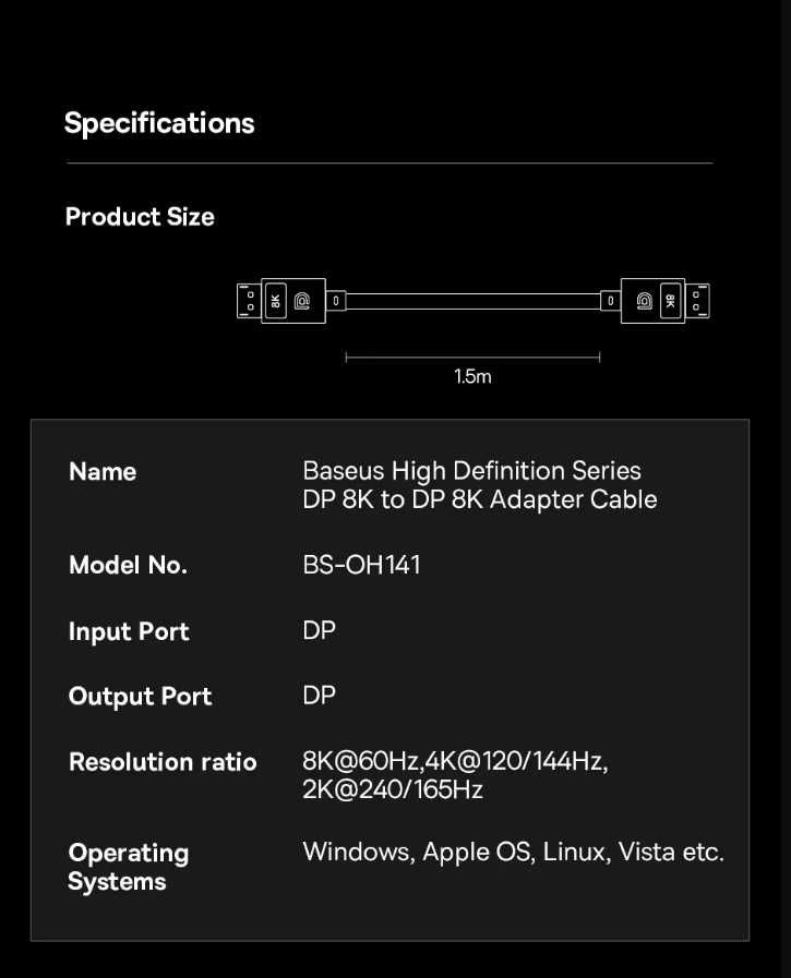 Кабель Baseus Displayport 1.4 Дисплей порт DP 1.5м