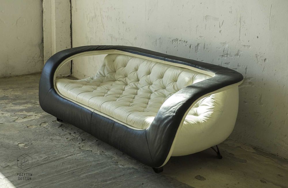 Designerska skórzana sofa vintage biało czarna