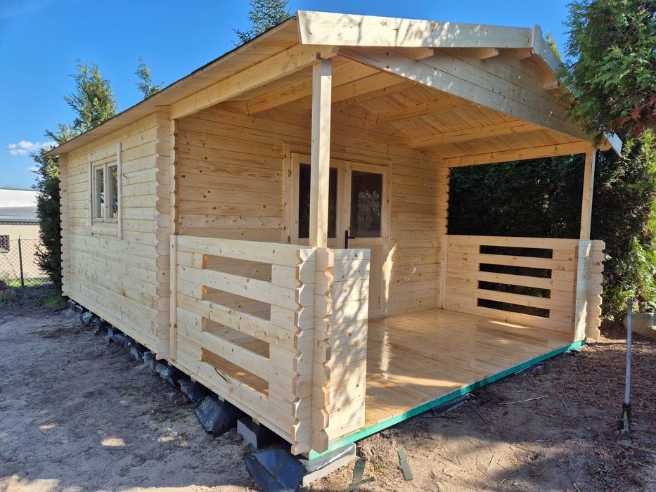 Od ręki DOMEK DREWNIANY letniskowy z TARASEM z balika 34 mm*6m x 4m*