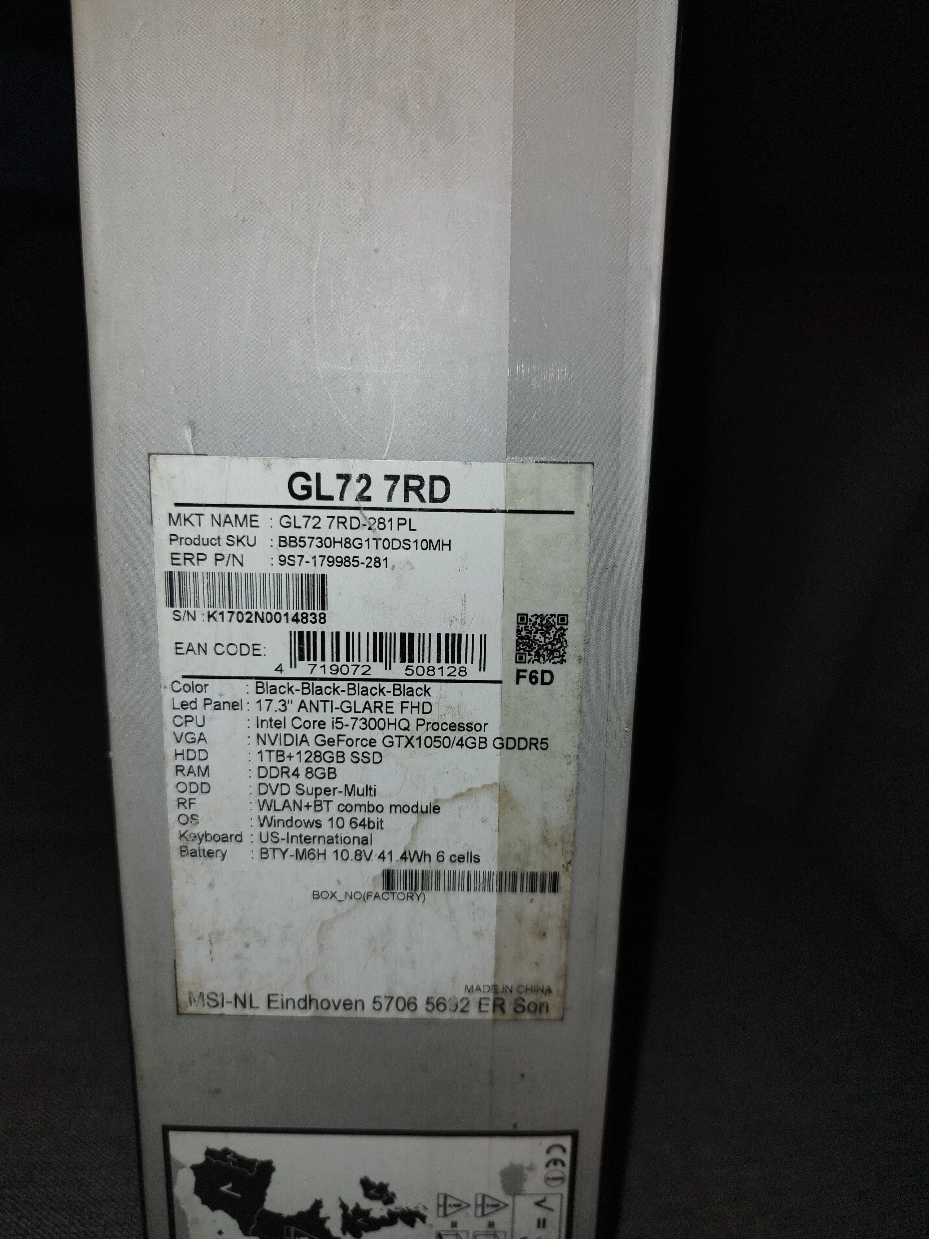 Laptop MSI GL72 RD, 17 cali