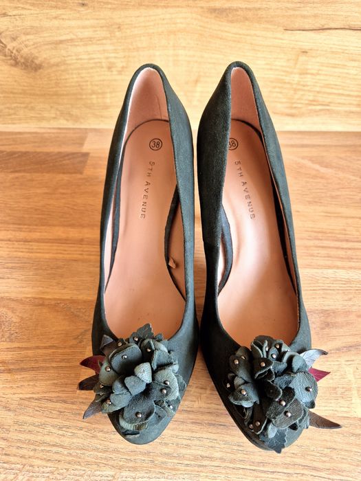 5TH AVENUE 38 eleganckie ciemnozielone czółenka na platformie skóra 38