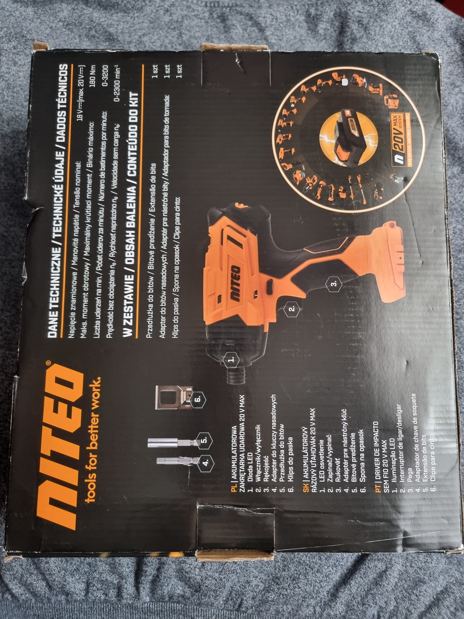 Akumulatorowa ZAKRĘTARKA UDAROWA Niteo 20 V Max, 1/4'', 180 Nm