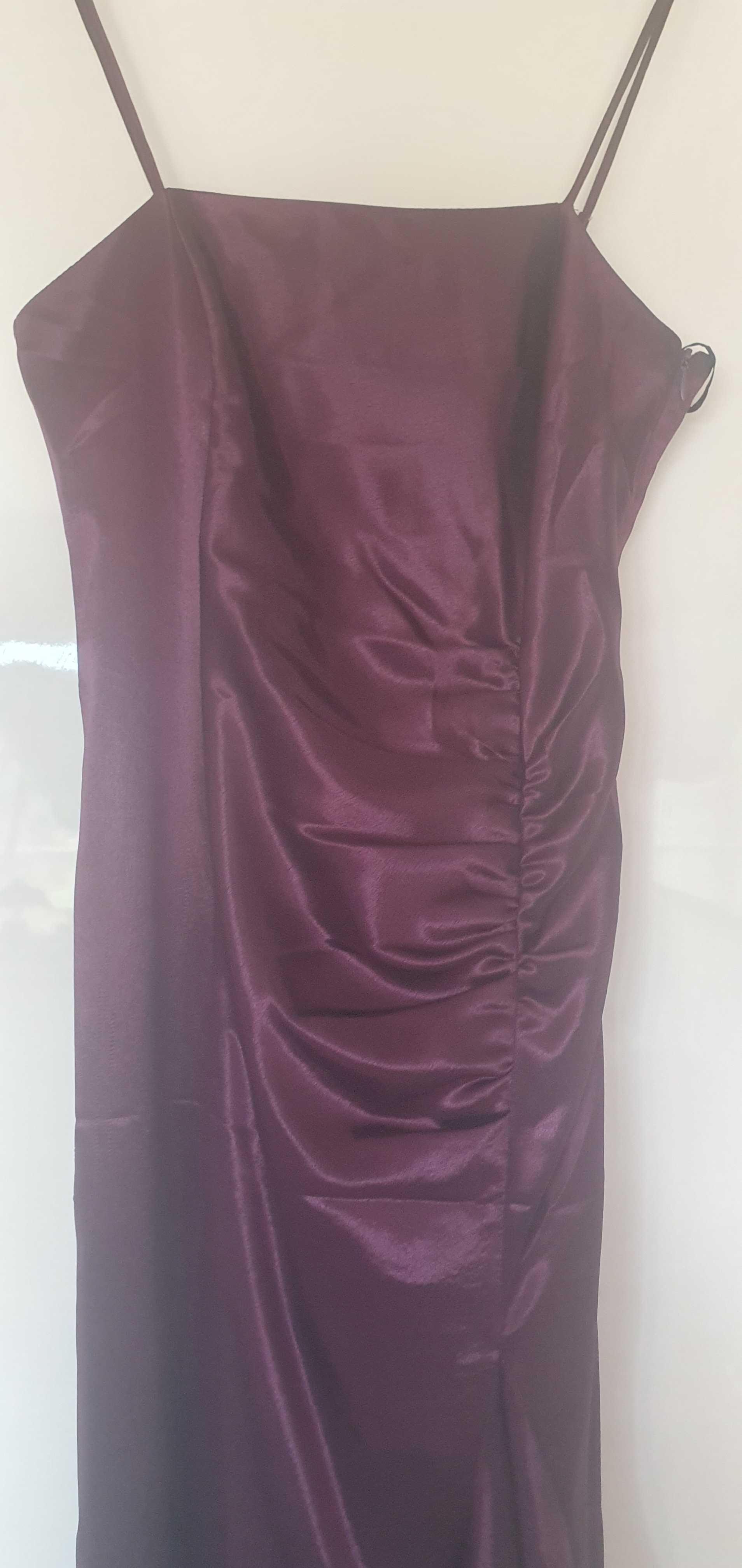 Satynowa fioletowa sukienka na wesele, studniówkę, wiązana na plecach