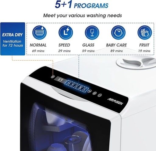 AIRMSEN Mini zmywarka do naczyń, kompaktowa, przenośna, 5L, dotykowa