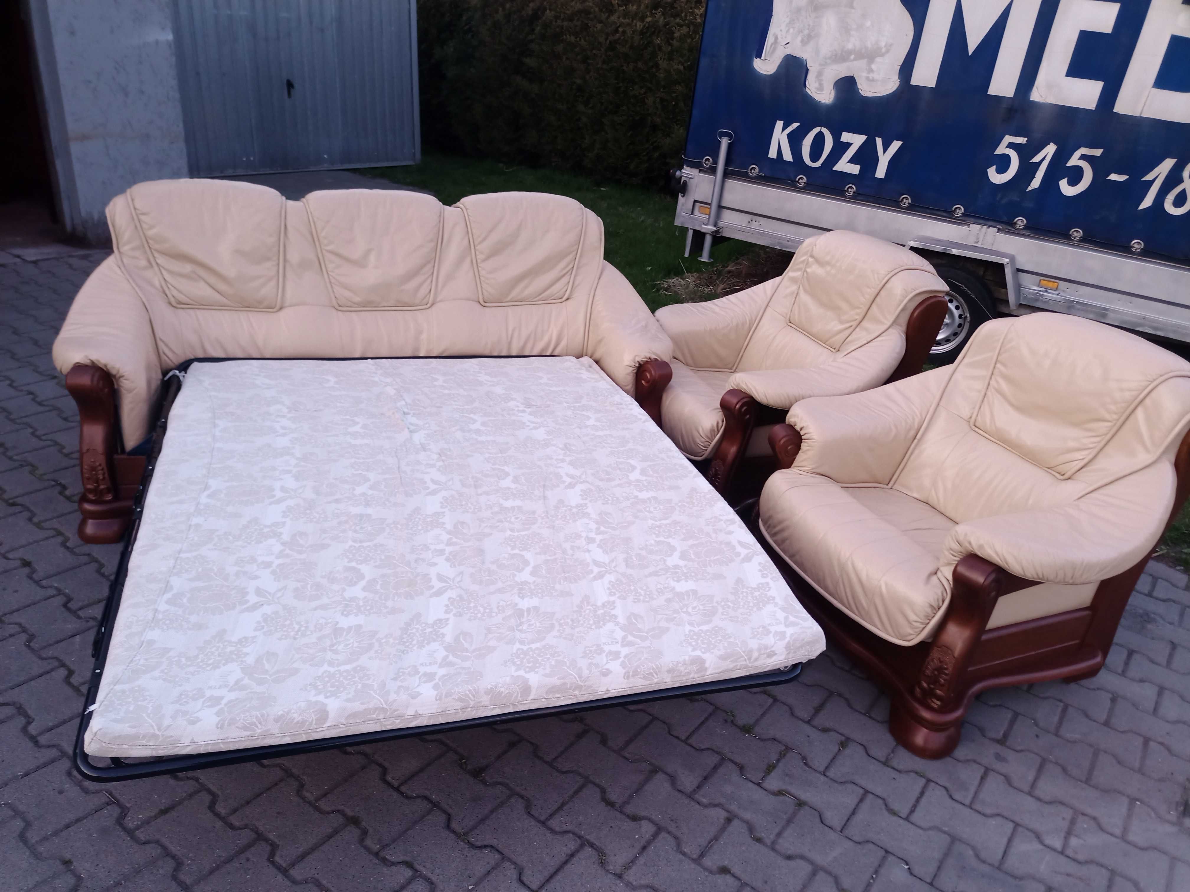 Komplet KLER , Rozkładany 3+1+1 i Ława , dąb - Skóra Krem