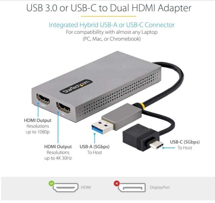 StarTech USB C 2x HDMI zewnętrzna karta graficzna 4k adapter