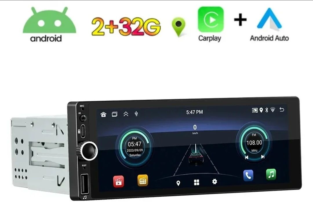 Radio 1 DIN Android ecrã 6.8" + Carplay e Android auto sem fios+ GPS