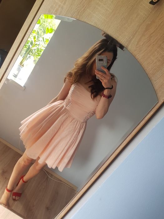 Sukienka rozkloszowana tiul pudrowy róż