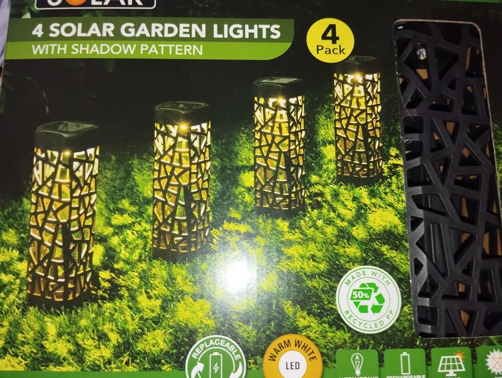 4 x lampki solarne LED czarne ażurowe wbijane słupki ogrodowe