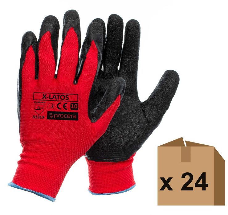 Rękawice Robocze Czerwone Powlekane Lateksem - 24 PARY -Rozm. 10 (XL)