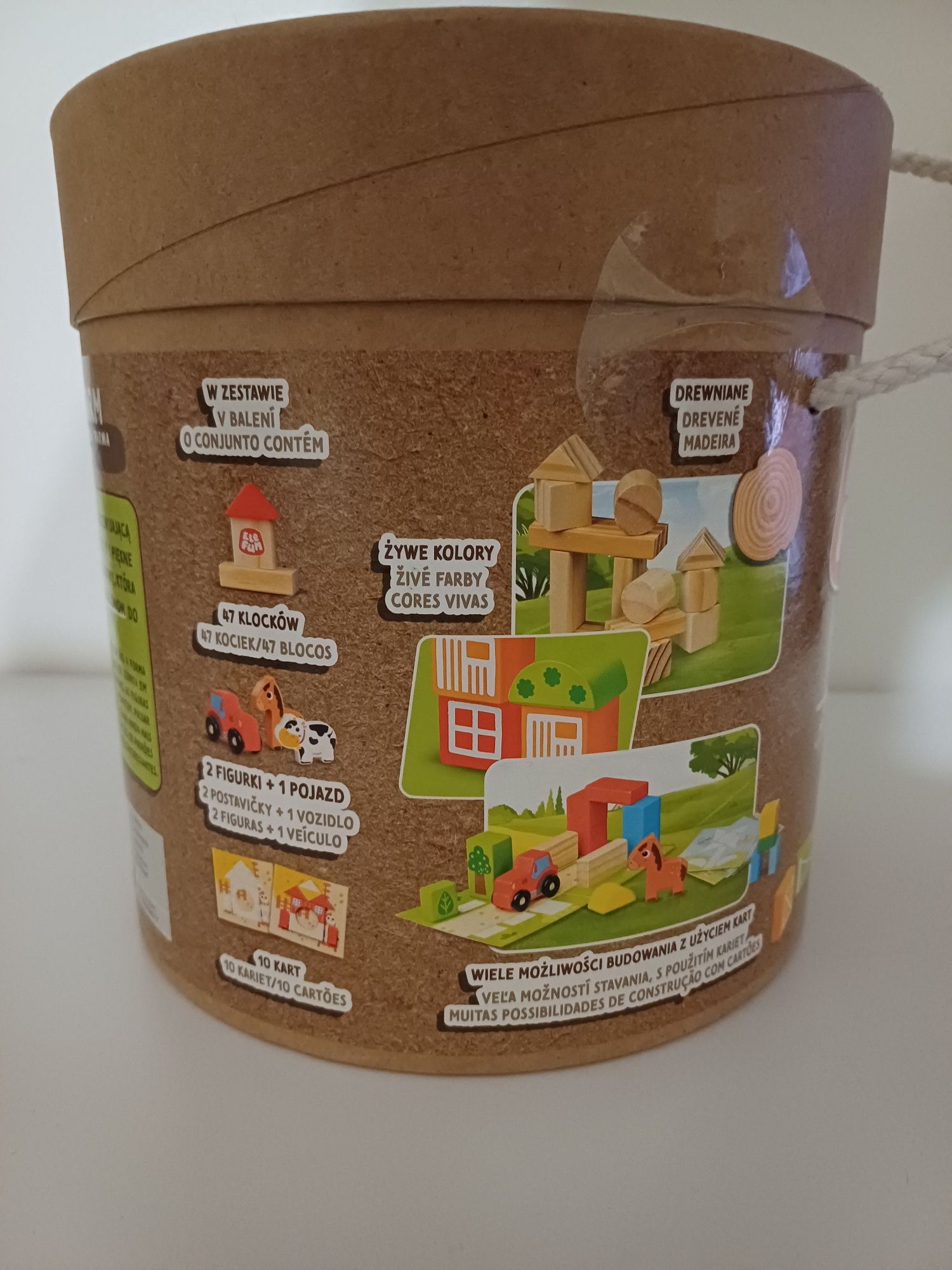 Klocki drewniane NOWE- Farma Elefun,  klocki w wiaderku