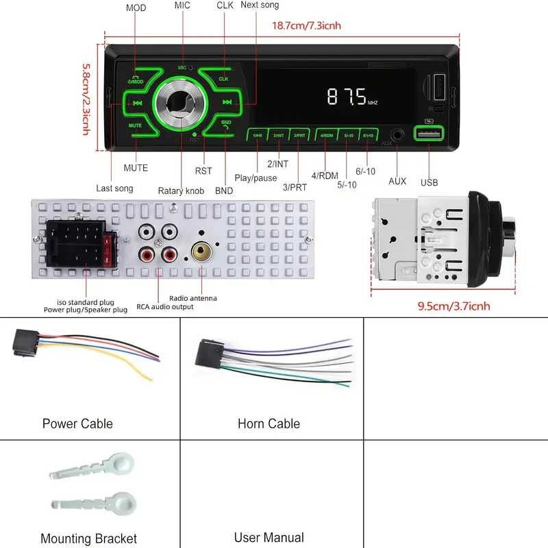 Rádio FM 1DIN, estéreo de áudio digital  MP3 RCA/USB/SD/AUX-IN