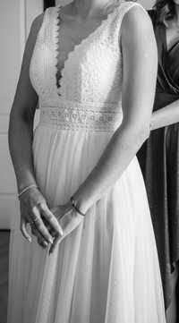 Biała suknia ślubna boho rustykalna z koronką wycięte plecy S 175cm