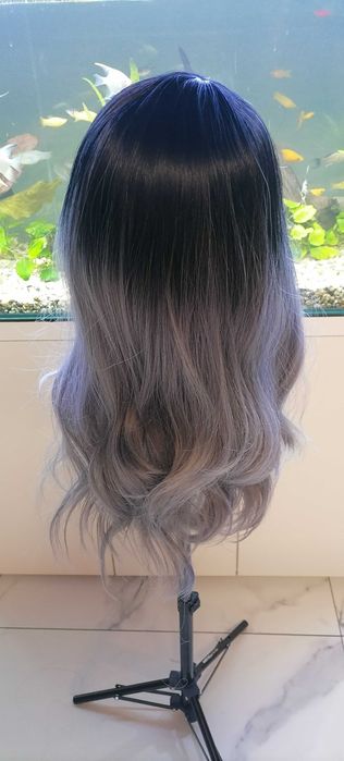 Peruka damska długie ombre czarne popielate włosy