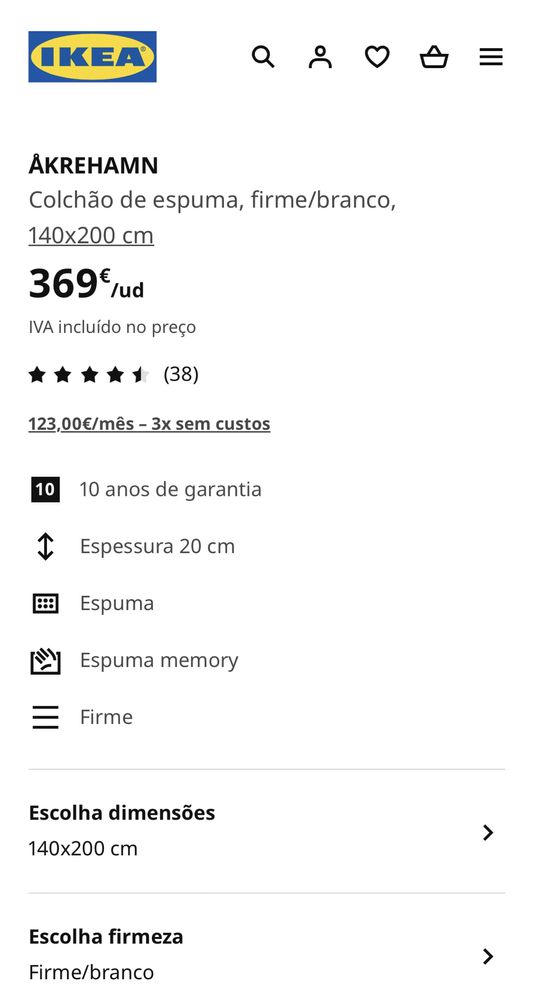 Colchão de Espuma Memory IKEA [Como Novo]