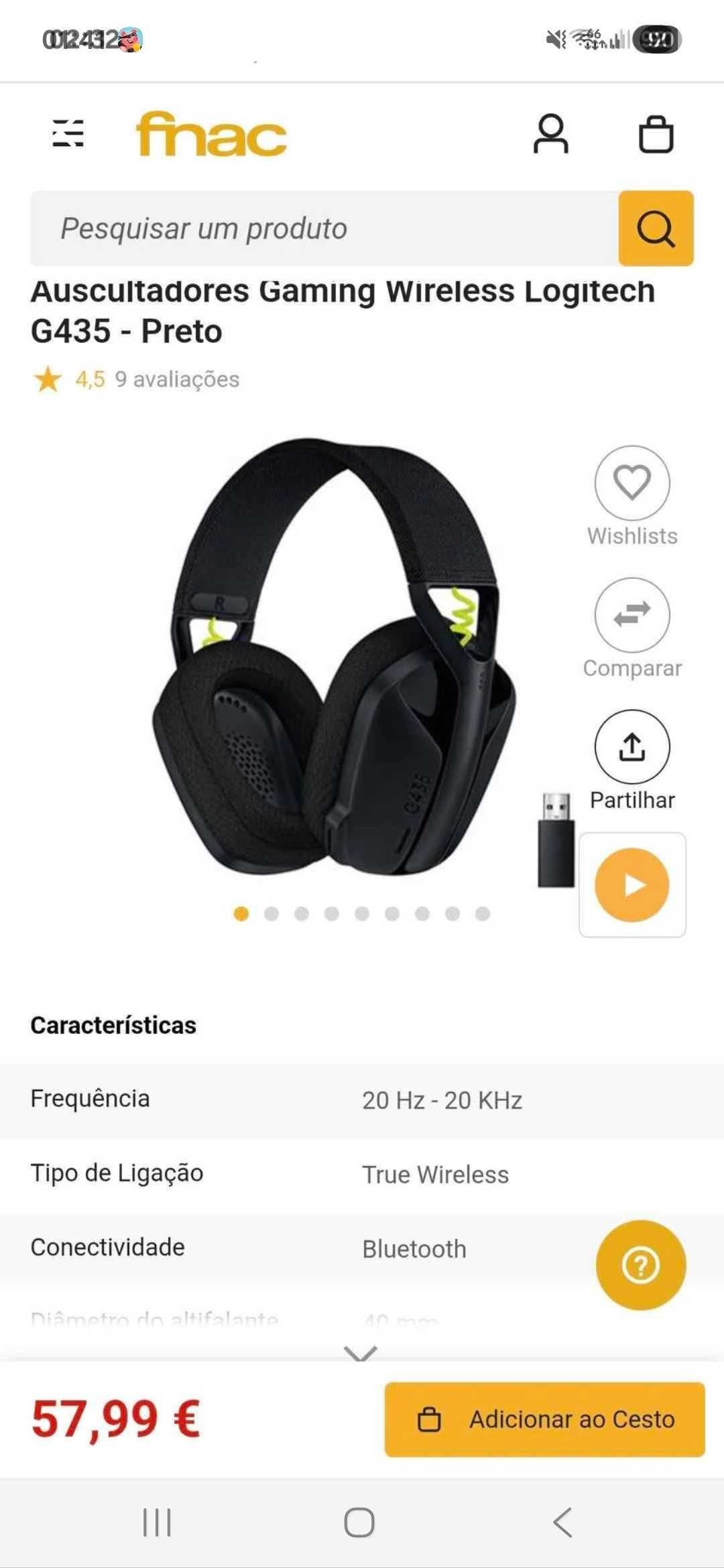 Auscultadores gaming wireless logitech G435 preto