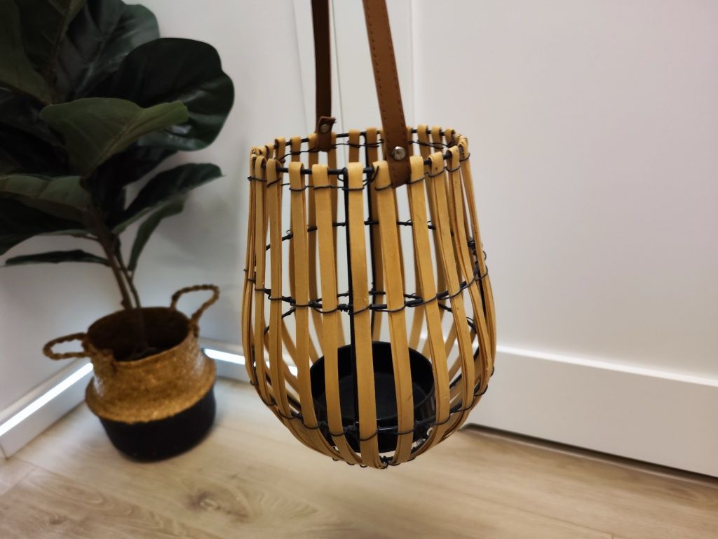 Lampion Boho latarenka świecznik drewno bambus balkon taras