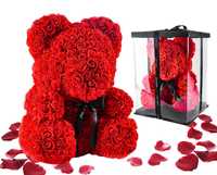 Prezent Czerwony Miś Z Róż 25cm NA WALENTYNKI Z PŁATKÓW Duży + Pudełko