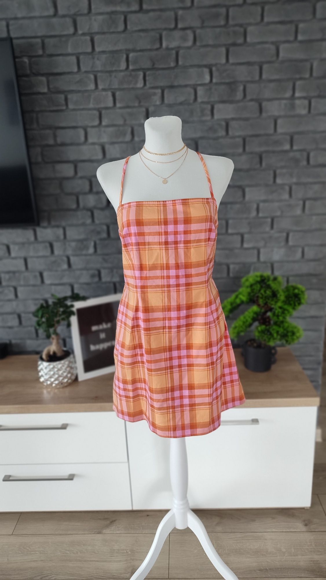 Sukienka mini w kratkę odkryte plecy wiązana H&M 46 48 UK letnia