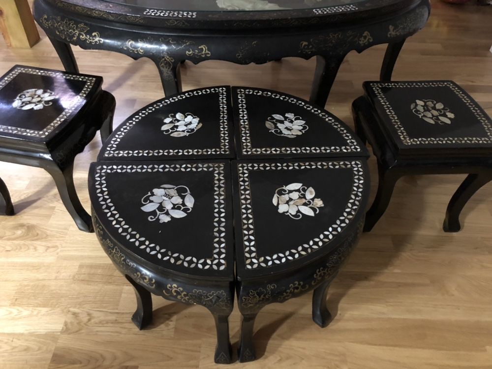 Stary japoński stolik stół z krzesłami masa perłowa kamień ptaki antyk