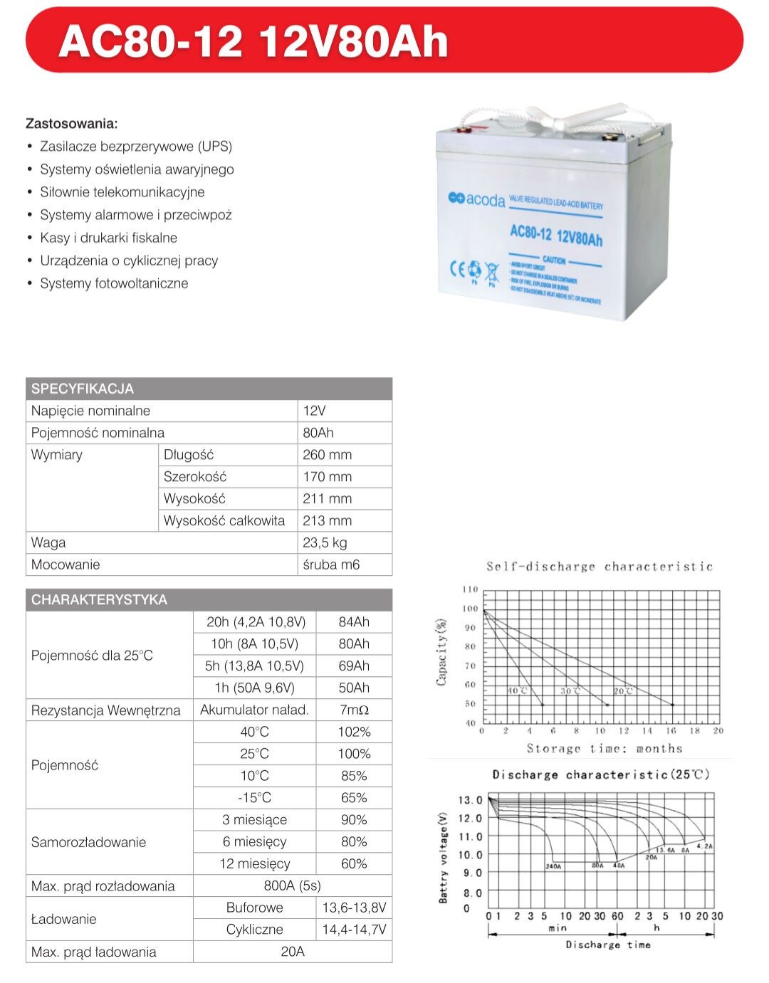 Акумулятор acoda ac80-12 12V80Ah AGM