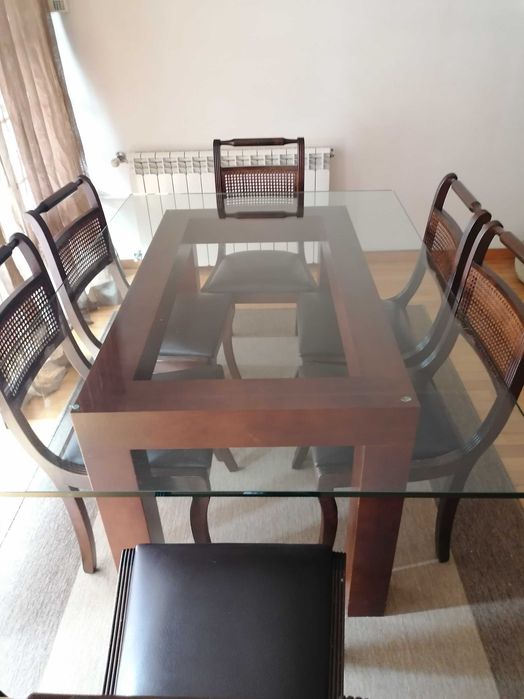 Mesa sala de vidro e madeira wengué