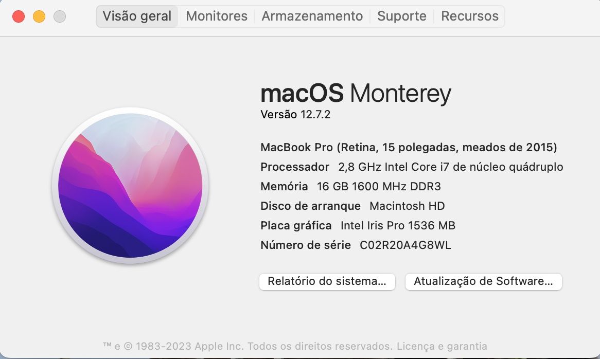 Macbook Pro 15.4" (2015)| i7 2.8GHz | bateria 376 ciclos |teclado NOVO