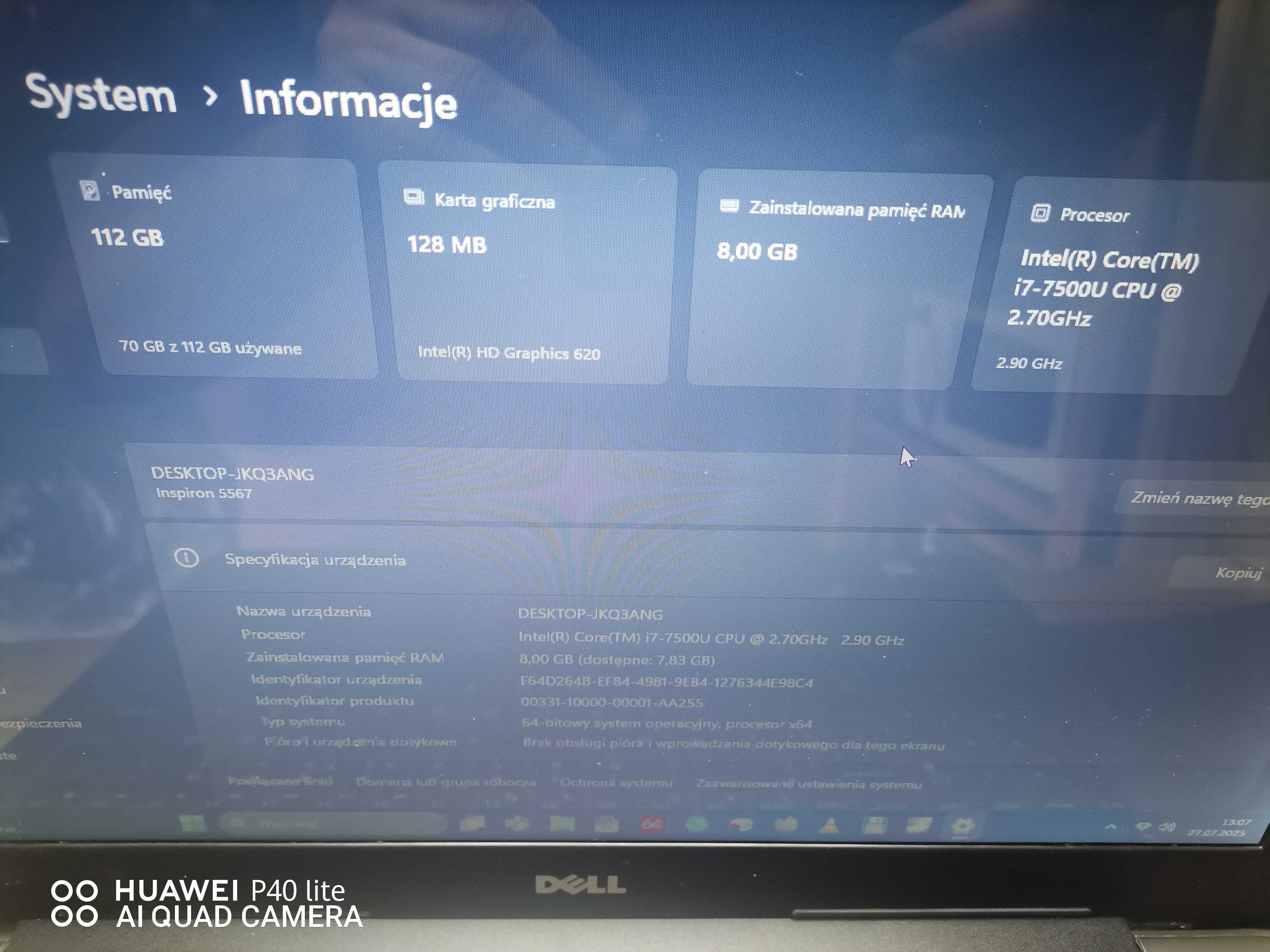 Mocny Dell 5567/15,6"HDMI /i7-7gen-7500U/ram8GB/SSD128 SAMSUNG/Win11pl