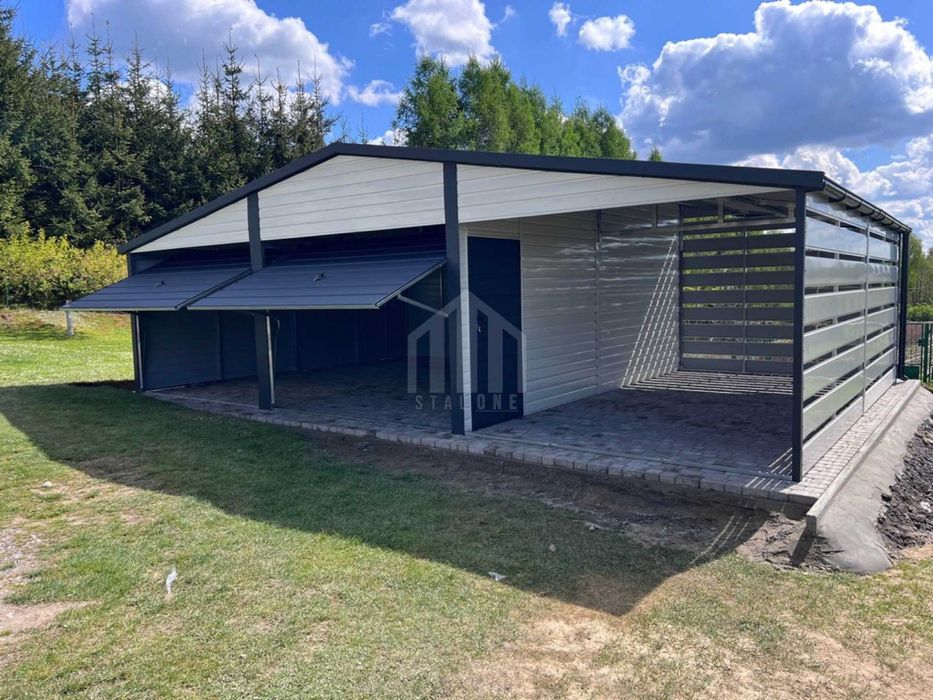 Garaż blaszany 6x6m + wiata 3m - 2x brama okno drzwi dach rynny SO135