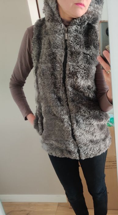 Ciepły bezrękawnik futerko zamek,kaptur,kiieszeniedłuższy XS, małe S