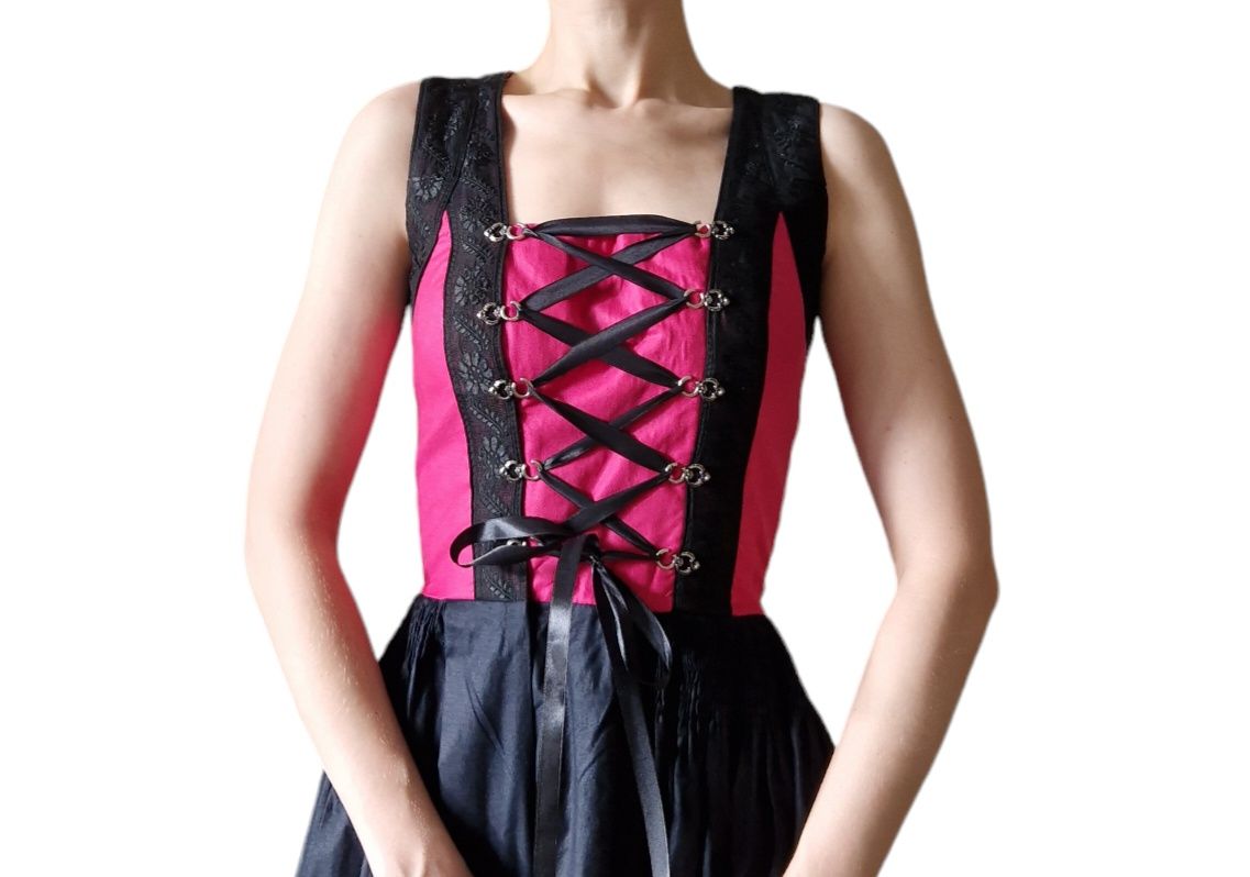 Gorsetowa bawarska długa maxi sukienka dirndl różowa czarna XS