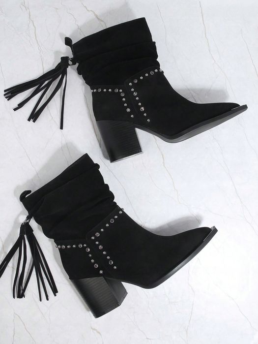 Kowbojki Zamszowe Z Cyrkoniami Wsuwane Czarne Shein Eur 37