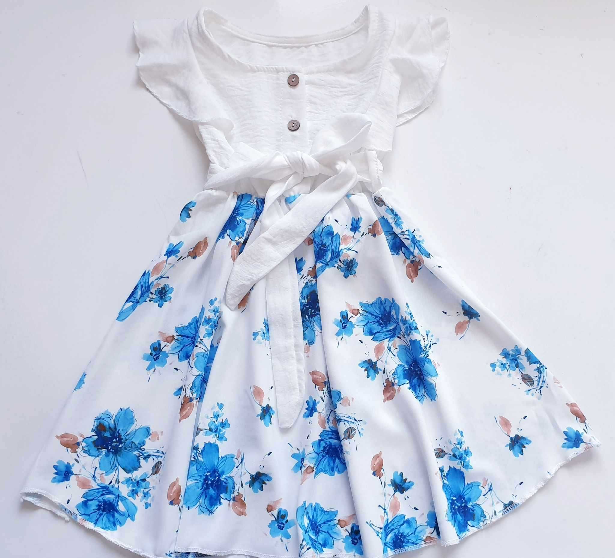 Nowa biała sukienka 122 cm niebieskie kwiaty, torebka w komplecie