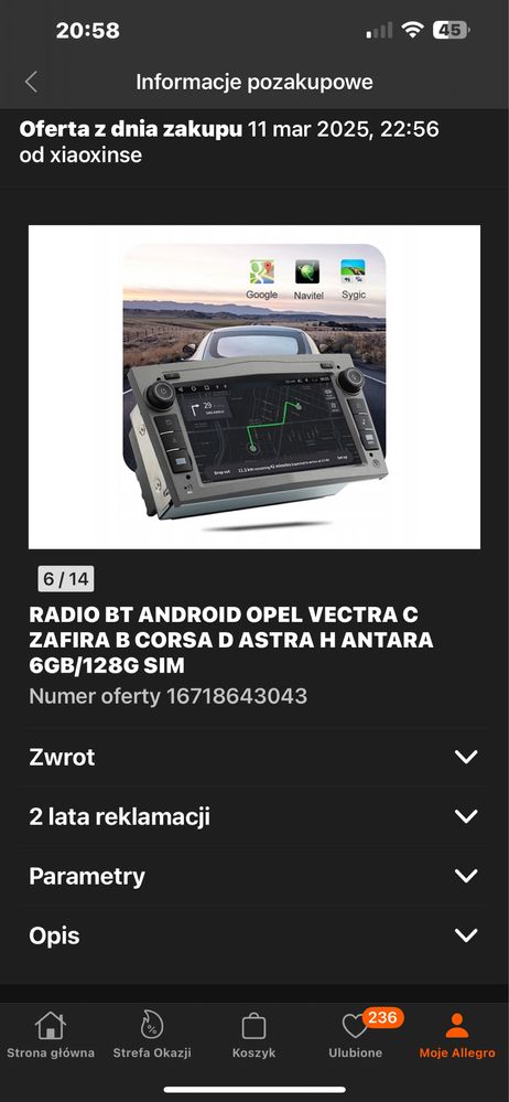 Radio Zafira B Android karta sim 6gb