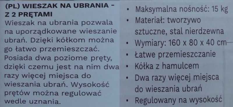 Garderoba na kółkach wieszak 16 x 80 x 40cm podwójna