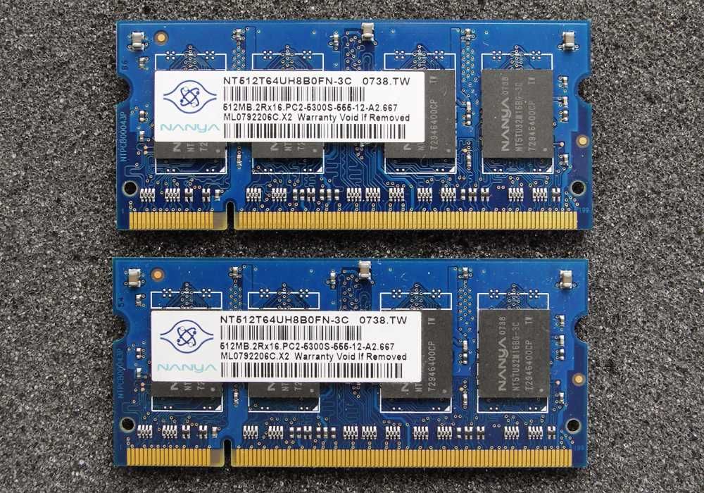 2 шт. SO-DIMM DDR2 512MB 667MHz Nanya, б/у