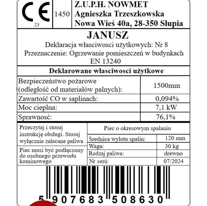 Koza Piec stalowy, kominkowy, ogrzewacz pomieszczeń JANUSZ