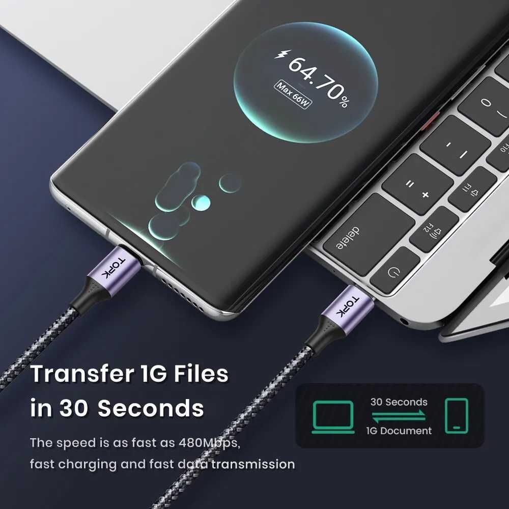 TOPK 60W USB-C PD: Kabel USB-C + Adapter do USB-A Szybkie Ładowanie 3A