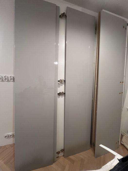 Drzwi do szafy IKEA PAX model FARDAL 5 sztuk połysk jasnoszary+zawiasy