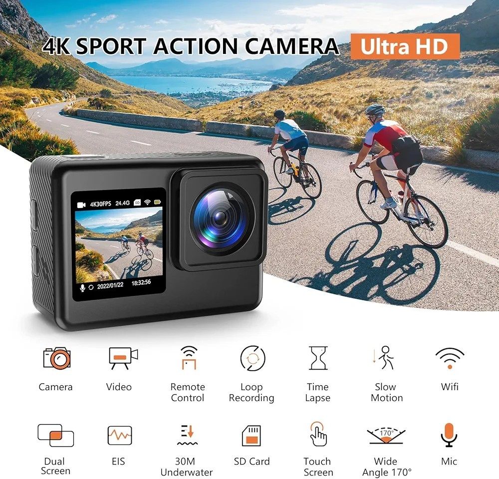 Kamera akcji 4K, kamera podwodna 30M Wifi EIS Vlog Sportowe kamery.