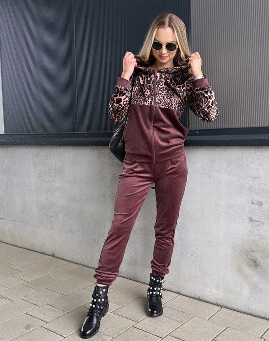 Dresy damskie welurowe w panterkę spodnie + bluza brązowe r.XL wys.24h