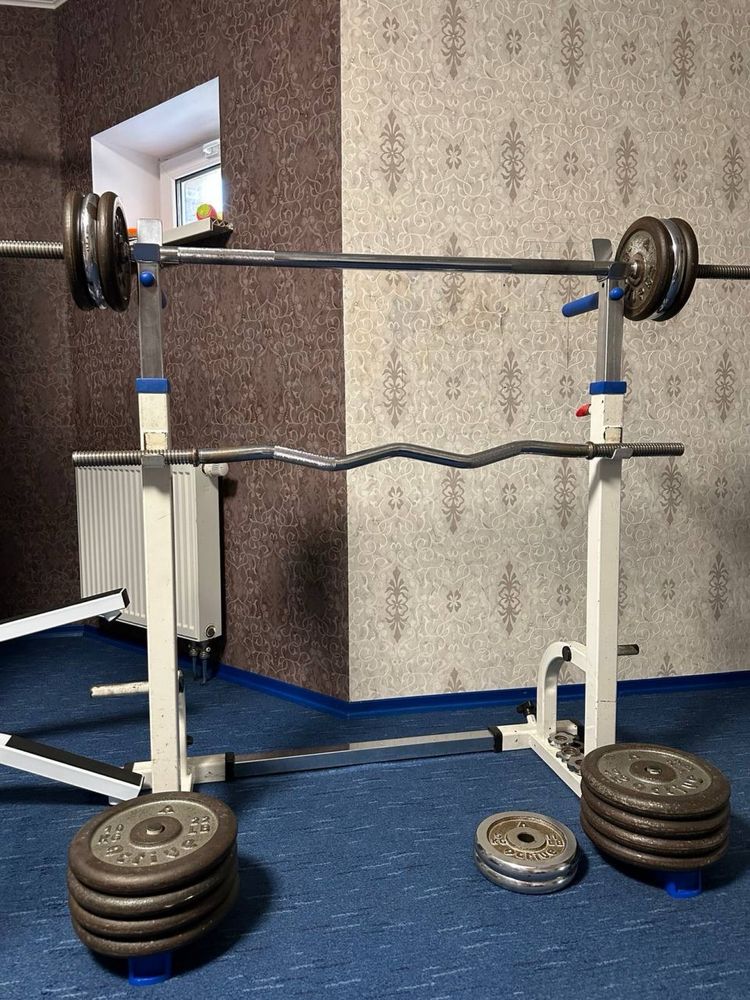 2 Штанги, стійки vasil gym, гантелі, бліни 139 кг