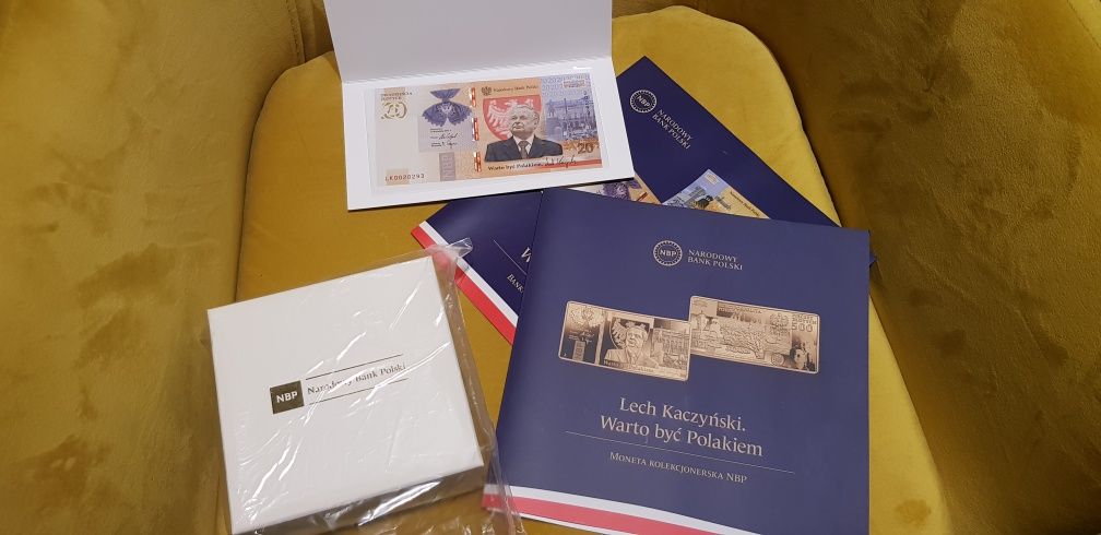 Złota moneta kolekcjonerska Lech Kaczyński  500zł oraz banknot 20zł