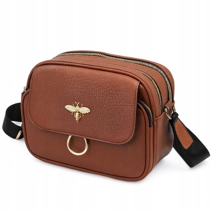 Torebka Damska Listonoszka Brązowa Skórzana Z Pszczółką Długi Pasek