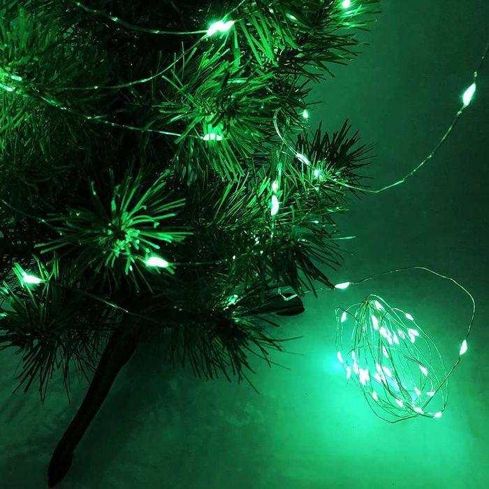 Гірлянда світлодіодна роса на батарейках зелена, провід прозорий, 5м
