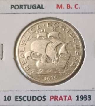 Moeda 10 Escudos 1933 da 2ª República Portuguesa Emissão Anual Prata