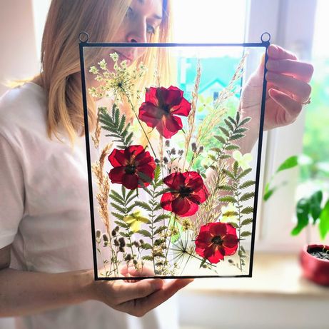 Obraz z suszonych kwiatów w szkle, witraż, dekor, prezent