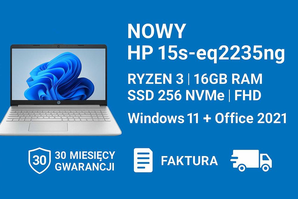 HP 15s NOWY • Ryzen 3 • 16GB • SSD 256 NVMe • FHD • Mega Okazja