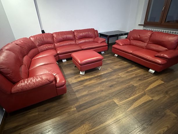 Zestaw skórzany sofa, naroznik, pufa